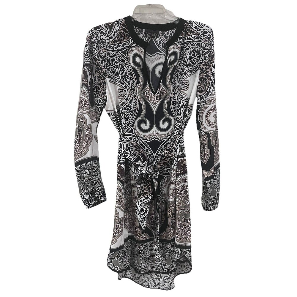 Hale Bob Long Sleeve Ivory Print  Split Neck Keyhole Shift Long Sleeve Dress Med